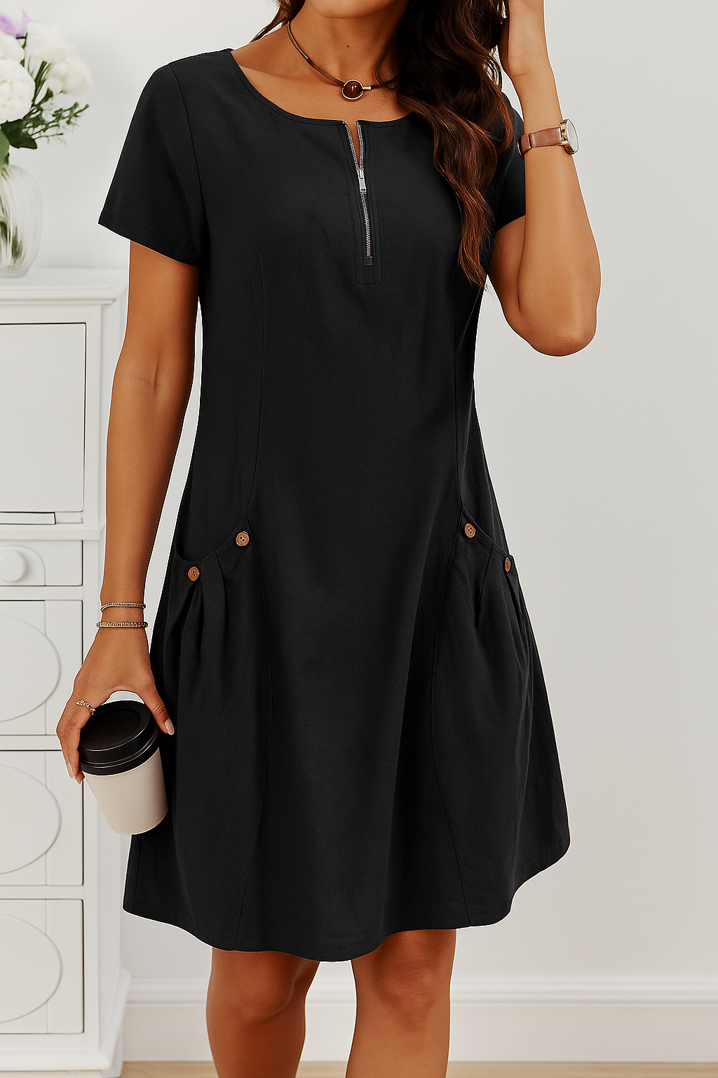 Malayah - Women’s Zip Front Short Sleeve Summer Dress