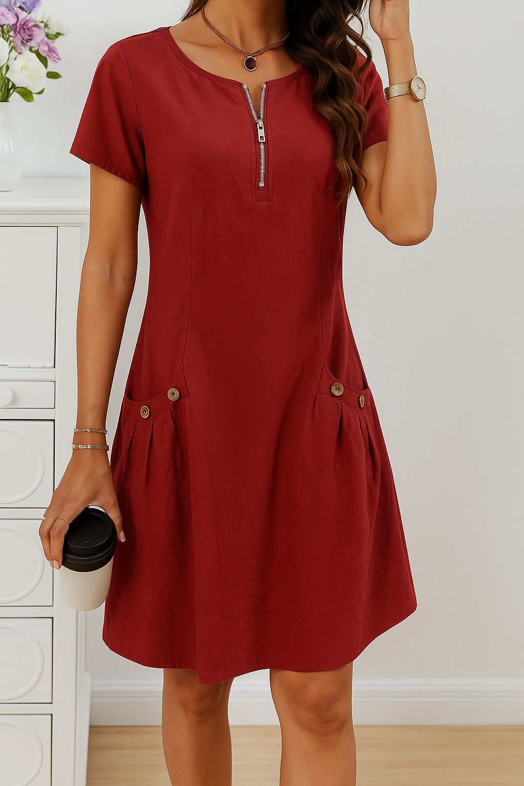 Malayah - Women’s Zip Front Short Sleeve Summer Dress