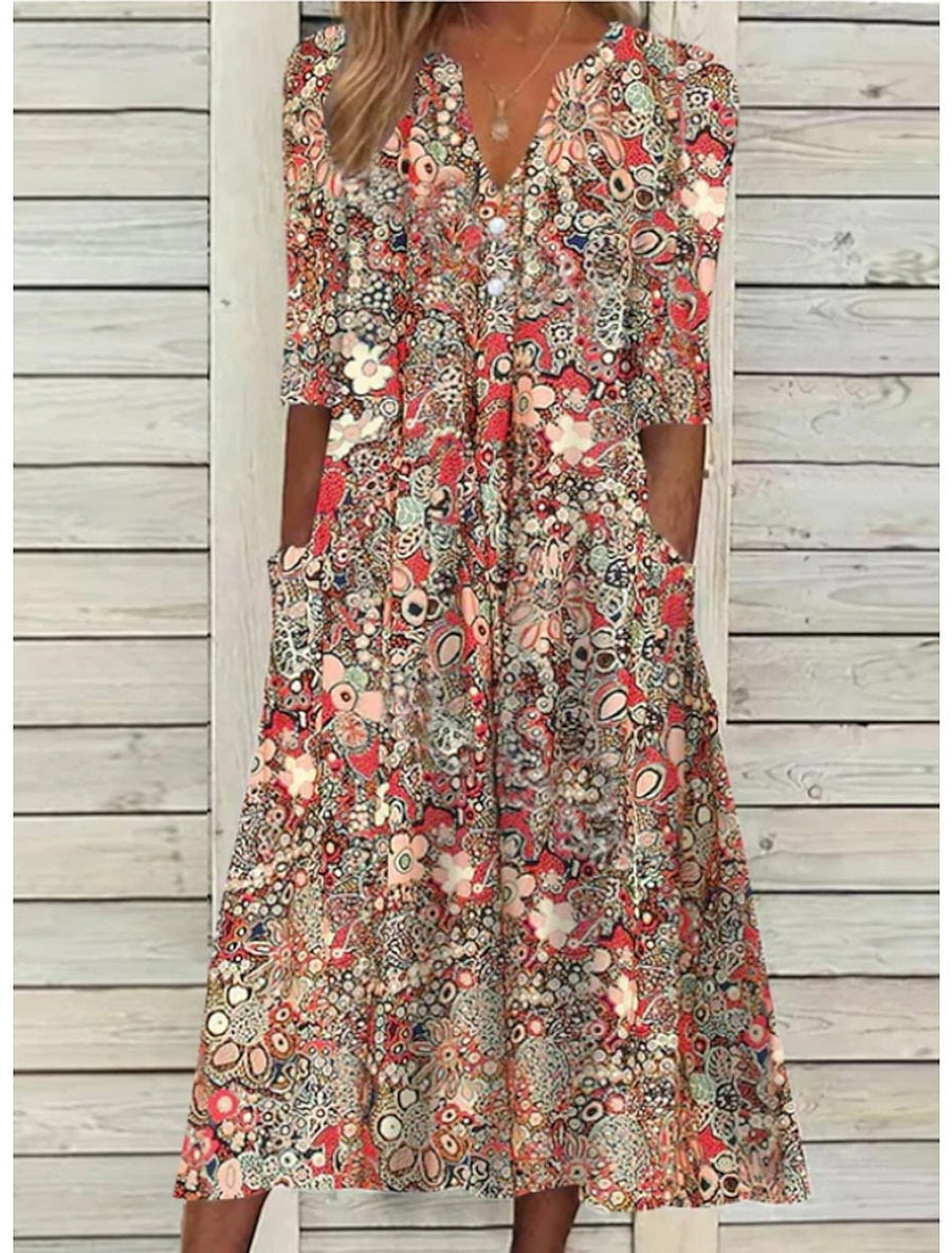 Maelie - Women’s Printed Midi Summer Dress With Pocket