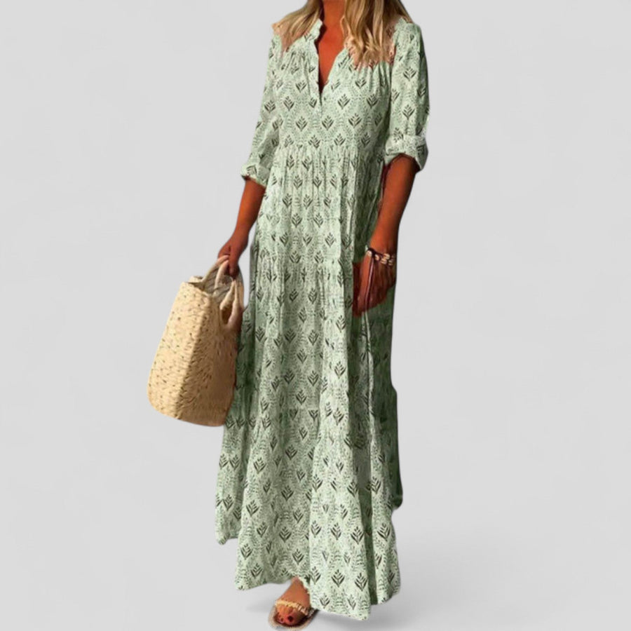 Hadassah - Women’s Maxi Dresses Ethnic Print Roll Up Sleeves