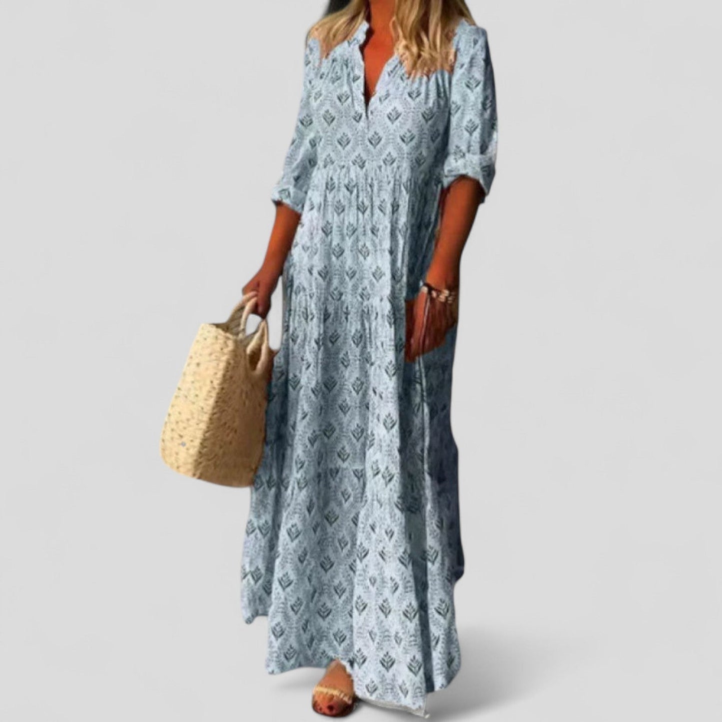 Hadassah - Women’s Maxi Dresses Ethnic Print Roll Up Sleeves