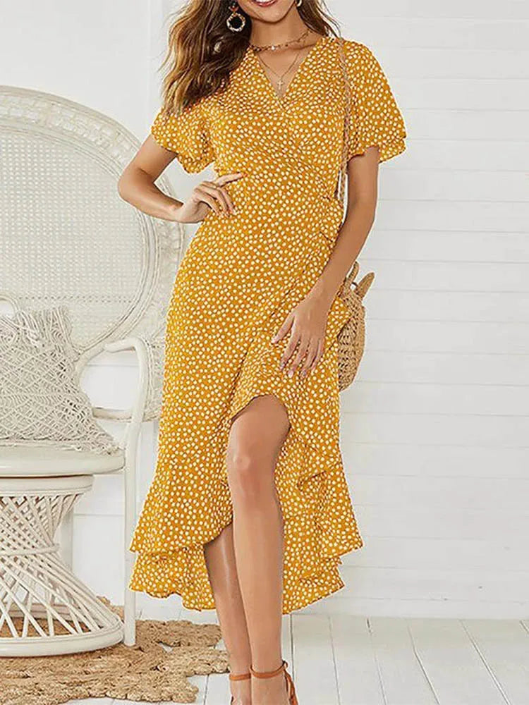 Makena - Women’s Stylish Wrap Ruffle Midi Summer Dress