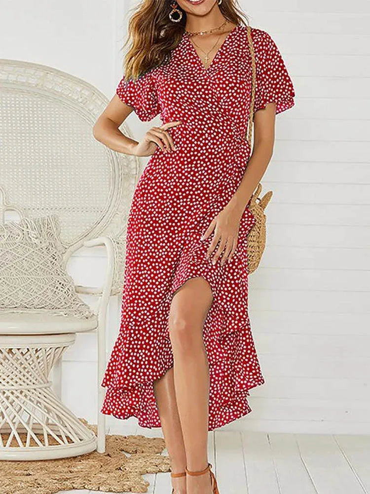 Makena - Women’s Stylish Wrap Ruffle Midi Summer Dress