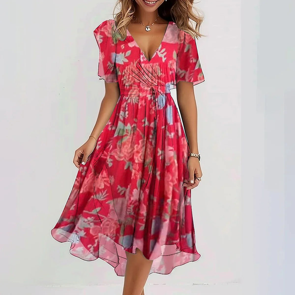 Manuela - Women’s Stylish Floral Wrap Midi Summer Dress