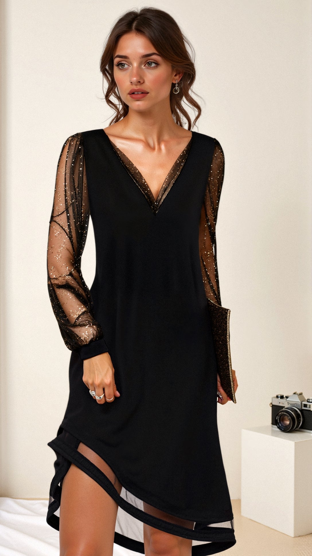Sawyer - Elegant Black Sheer Sleeve Maxi Dress